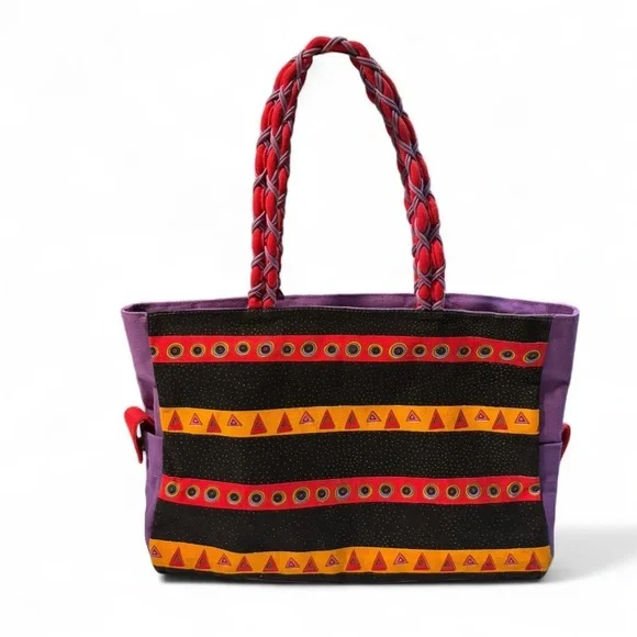 VTG Laurel Burch Colorful Cats Tote Bag Braided Strap Zip Canvas Purse Art Print - Picture 2 of 8